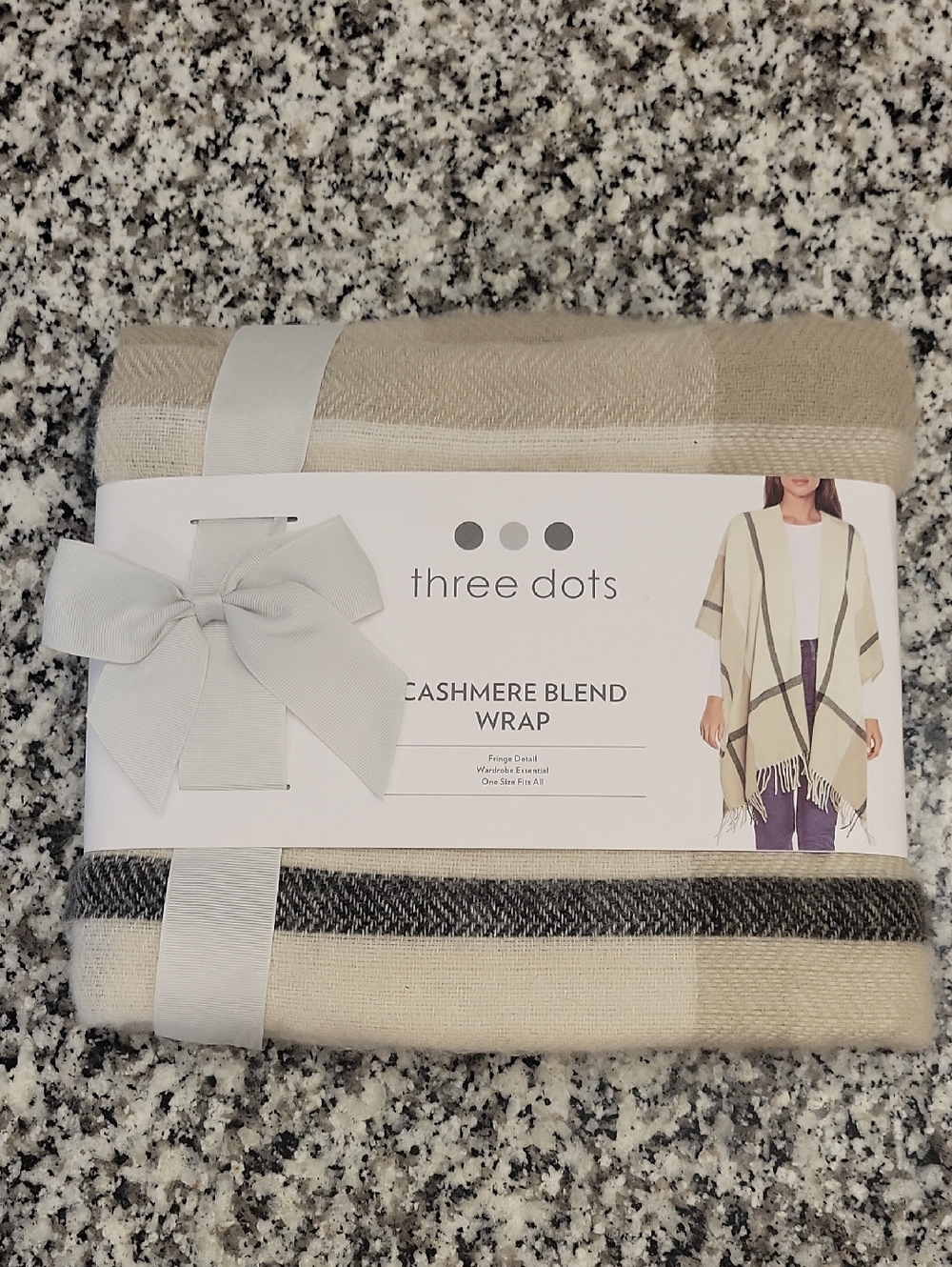 Three Dots Beige & Black Cashmere-Blend Fringe Wrap